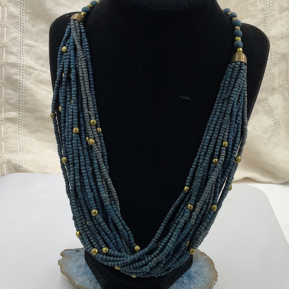 24” Elegant Dark Blue To Dark Gray Small Beads And Gold Beaded Necklace